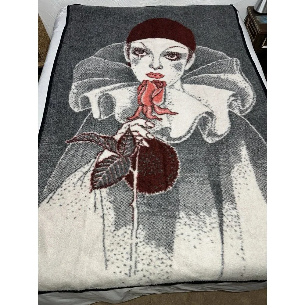 Vintage Acrylic Harlequin Sad Clown Rose Pierrot Throw Blanket Red Black 55x82”